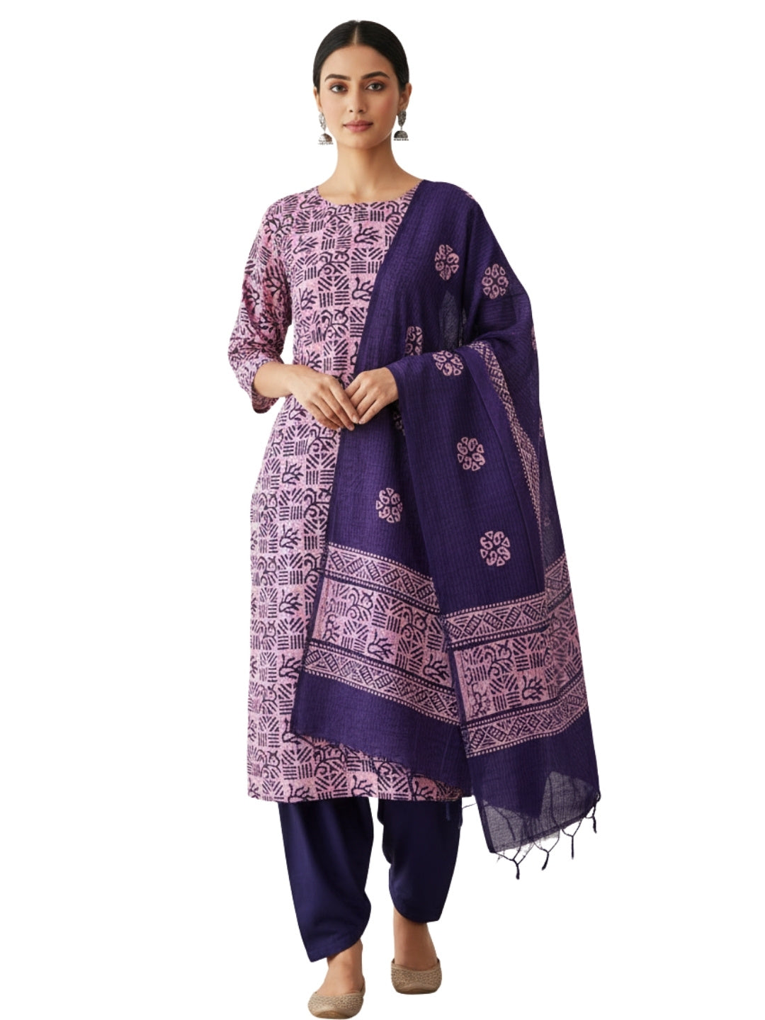 Bombay Batik Pure Cotton Nirali Dress Material Batik Handwork – Purple Light Pink Colour