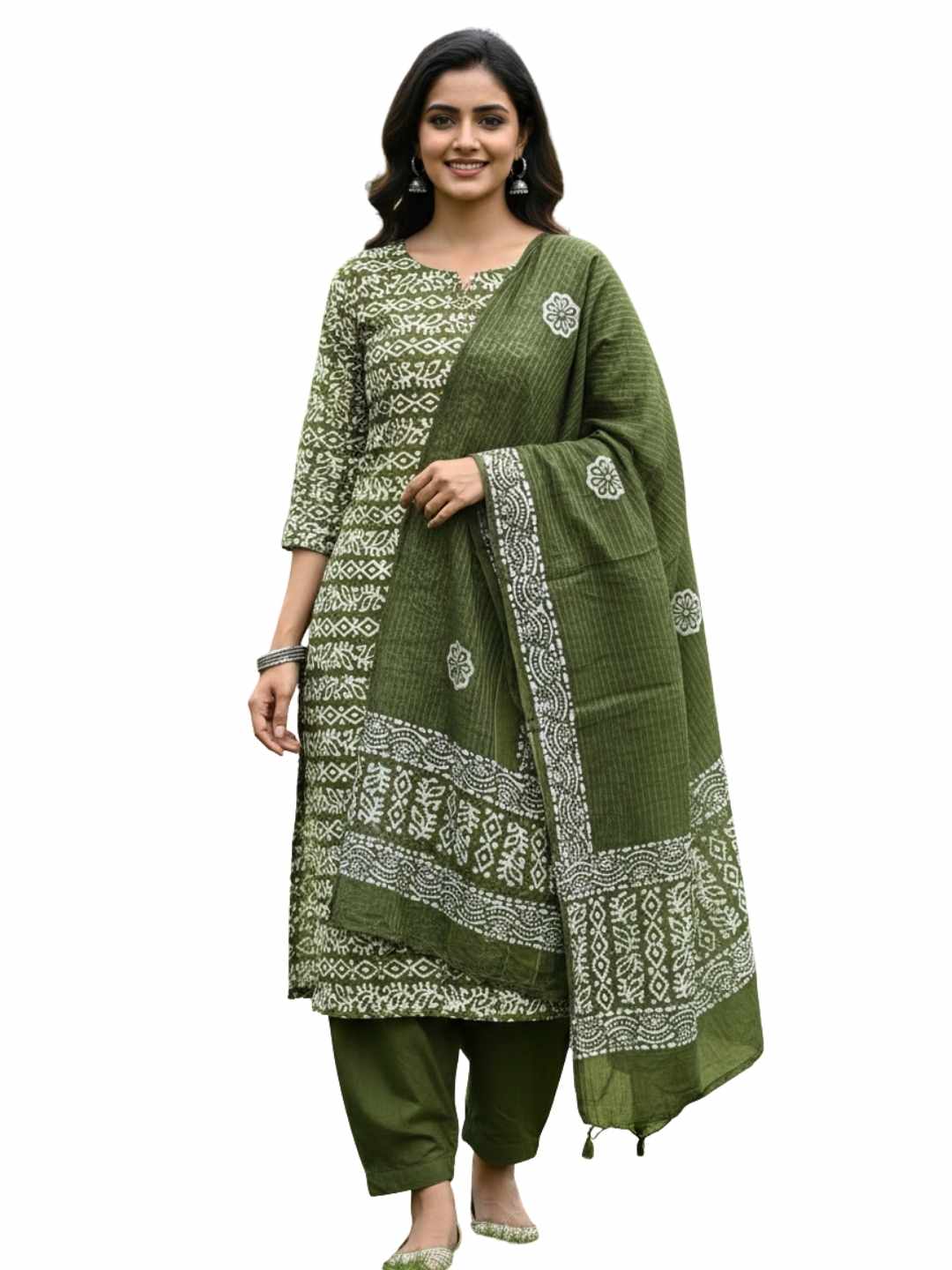 Bombay Batik Pure Cotton Nirali Dress Material Batik Handwork – Mehndi Colour