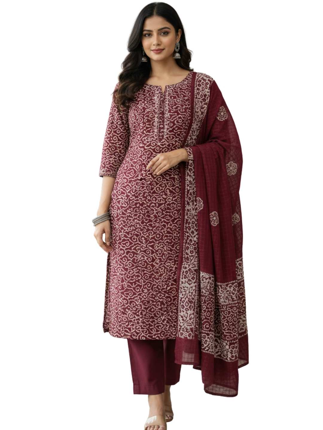 Bombay Batik Pure Cotton Nirali Dress Material Batik Handwork – Maroon Colour