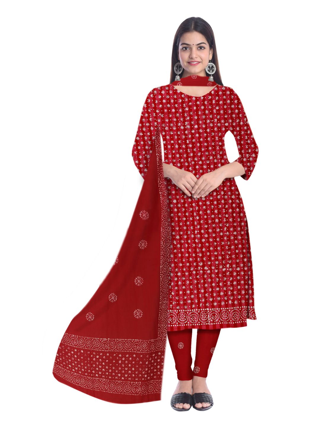 Red Hand Block Batik Print Churidar Material With Dupatta