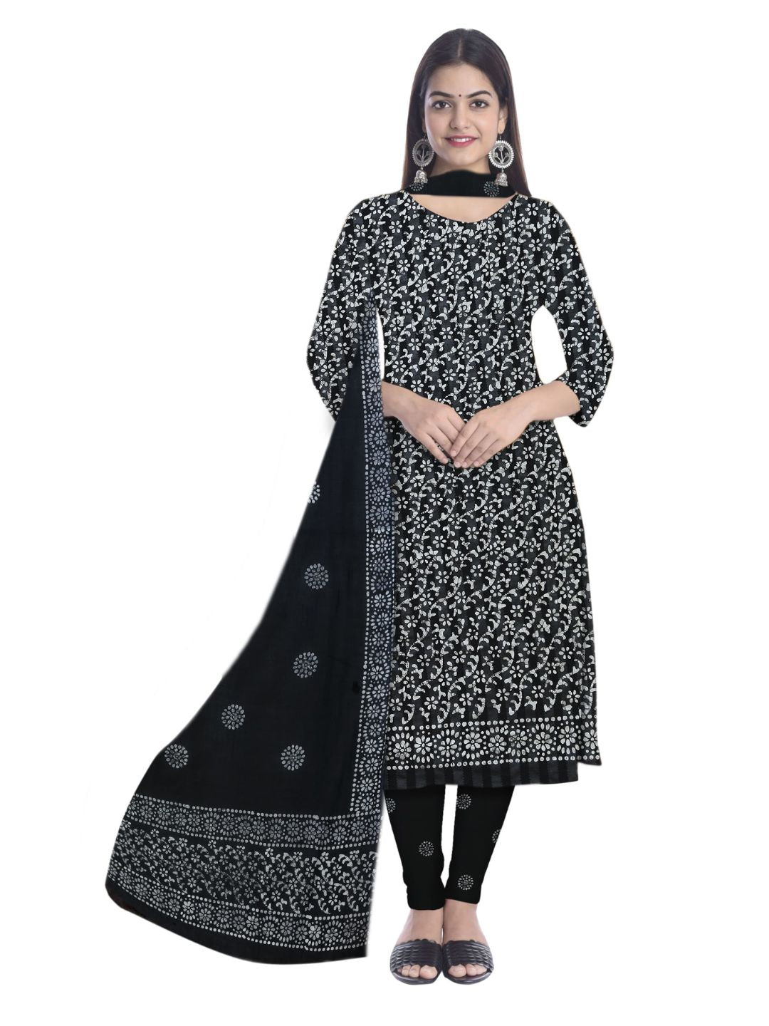 Black Unstitched  Printed Cotton Suit Set With Dupatta